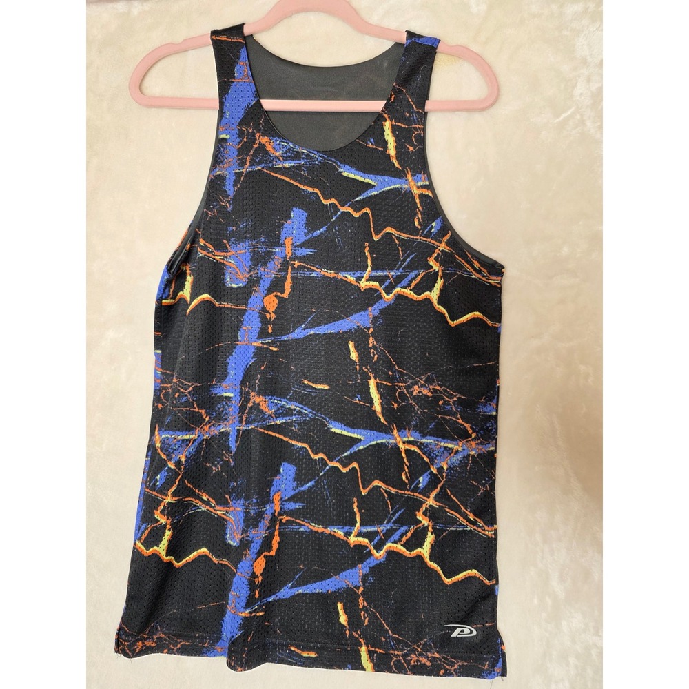 Pro Player Mens Medium Mesh Athletic Tank Top Black Blue Orange Abstract Wicking